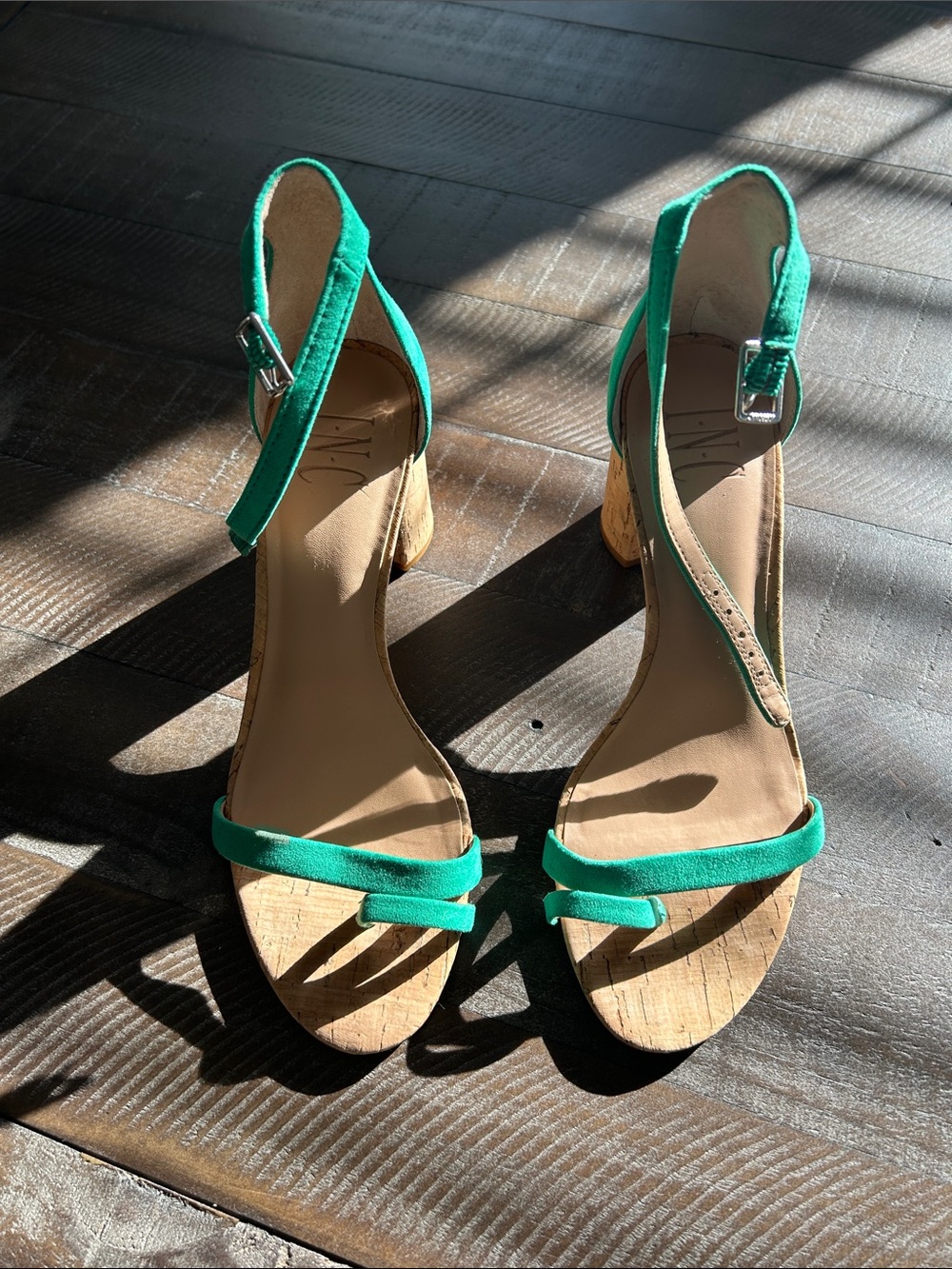 INC International Concepts Teal Strappy Cork Block Heel Sandals